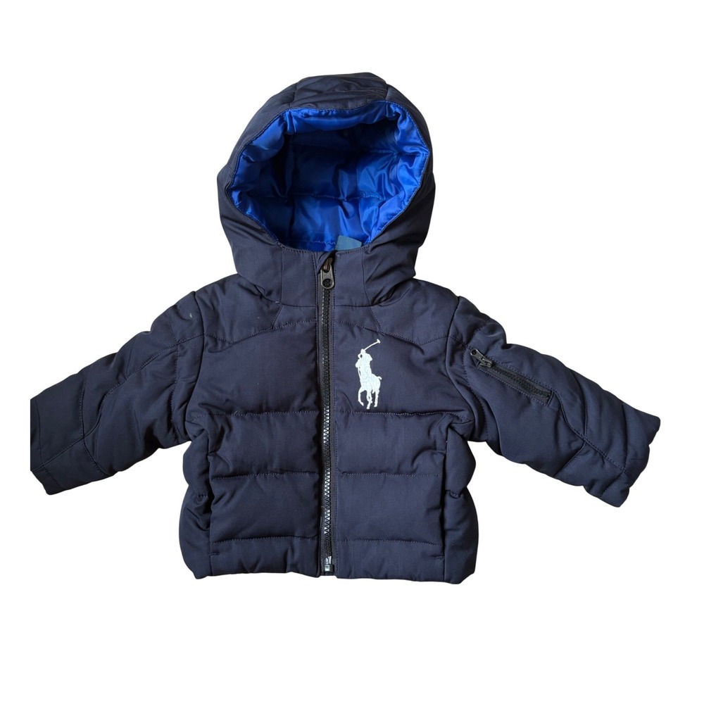 Polo Ralph Lauren Kids Navy Blue Big Pony Down Puffer Jacket 9M Hooded Coat